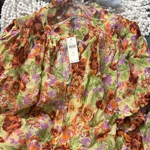 Anthropologie Floral Ruffle Button-Front Blouse - Green, Orange, Purple